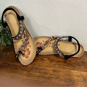 Bohemian Beaded Sandals Comfortable Open Toe Elastic Ankle Strap Slip On Flats